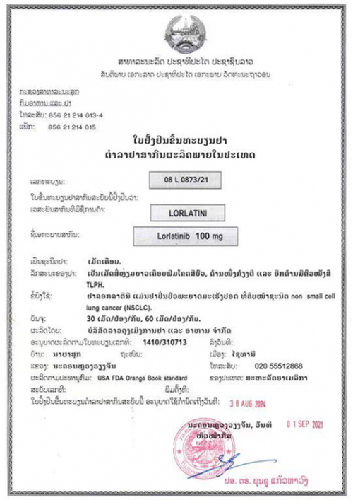 老挝东盟制药药品批文书